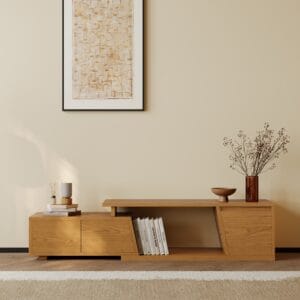 Modern Fero Minimalist TV Stand expands from 47 to 71 inches with three soft-close drawers.