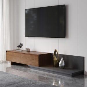 Extendable Fero Minimalist TV Stand featuring three large drawers for modern media storage.