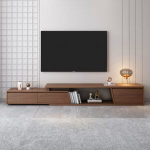 Stylish walnut reversible extendable TV stand with three soft-close drawers for organization.
