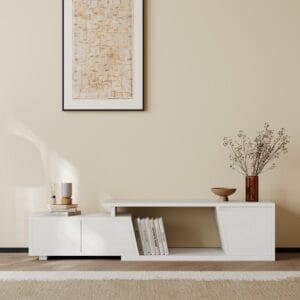 Versatile minimalist extendable TV stand with three soft-close drawers for organized storage.