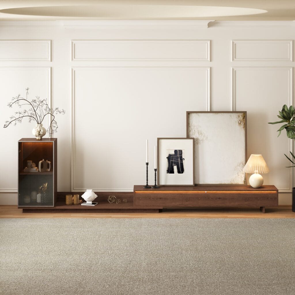 Stylish Fero Retracted Extendable TV Stand featuring adjustable length and integrated bookcase.