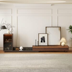 Stylish Fero TV Stand with Bookcase featuring adjustable length and integrated LED lighting.