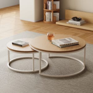 Nesting coffee table set featuring a natural wood finish and modern round silhouette.