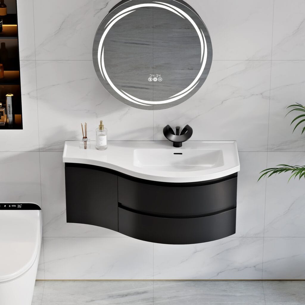 Premium 35.4" floating curved bathroom vanity paired with a stylish 23.6" LED medicine cabinet.
