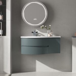 Sculptural floating bathroom vanity set with seamless stone resin countertop and tri-color LED mirror.