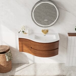 Sculptural wave-front design floating bathroom vanity set with LED medicine cabinet and anti-fog mirror.