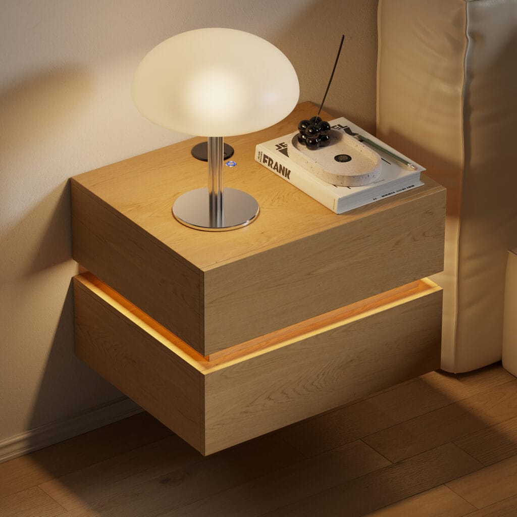 Lumio floating nightstand with wireless charging features a modern, wall-mounted design for space-saving.