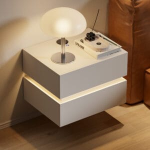 Lumio floating nightstand with wireless charging features a sleek, wall-mounted design for modern bedrooms.