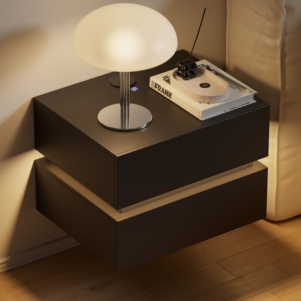 Wall-mounted floating nightstand with wireless charging, designed for modern, space-saving bedrooms.