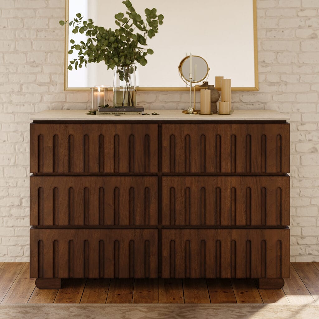 Stylish 6 drawer dresser made of ash wood dresser with stone top for durability.