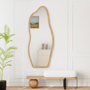 Stylish freestanding mirror wooden frame with refined wood grain and sturdy metal support.