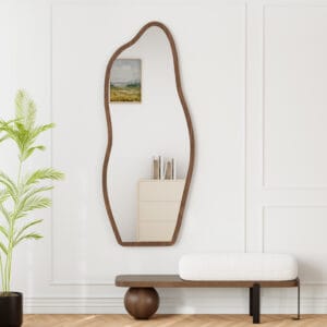 Elegant 63-inch freestanding mirror wooden frame with a luxurious walnut finish and organic silhouette.
