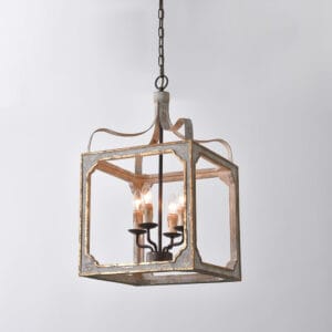 Rustic lantern chandelier featuring an antique gray frame and candle-like bulbs.