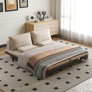 Versatile 3-seater cotton linen futon sofa bed with solid wooden frame for comfort.