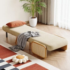 Stylish 1-seater futon bed sleeper sofa with adjustable backrest and rotating tray.