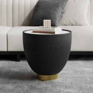 Stylish round drum coffee table featuring a heat-resistant sintered stone top and PU leather.