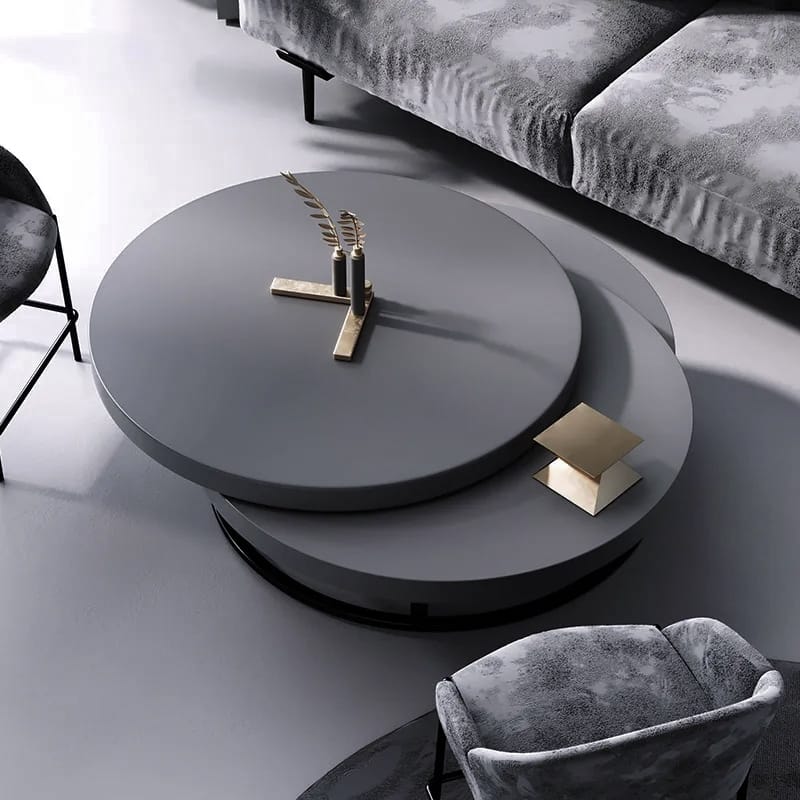 Gray Luxurious Modern Wood Swivel Coffee Table 1 Stylish 32" round modern wood swivel coffee table with 360° rotating design and storage.