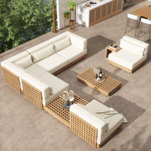 Sleek Grida outdoor sofa set made of performance teak wood, ideal for relaxation.