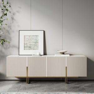 Modern Grovyn TV Stand featuring fluted design and gold stainless steel legs.