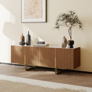 Modern walnut tv stand featuring a sleek fluted design and gold stainless steel legs.