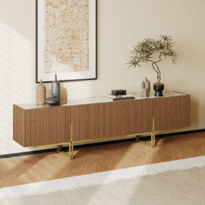 Elegant walnut tv stand with fluted design and gold stainless steel legs.