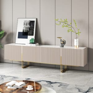 Modern Grovyn Off White TV Stand featuring fluted design and gold stainless steel legs.