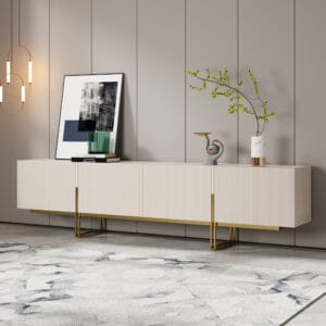 Sleek Grovyn Minimalist TV Stand with fluted design and gold stainless steel legs.