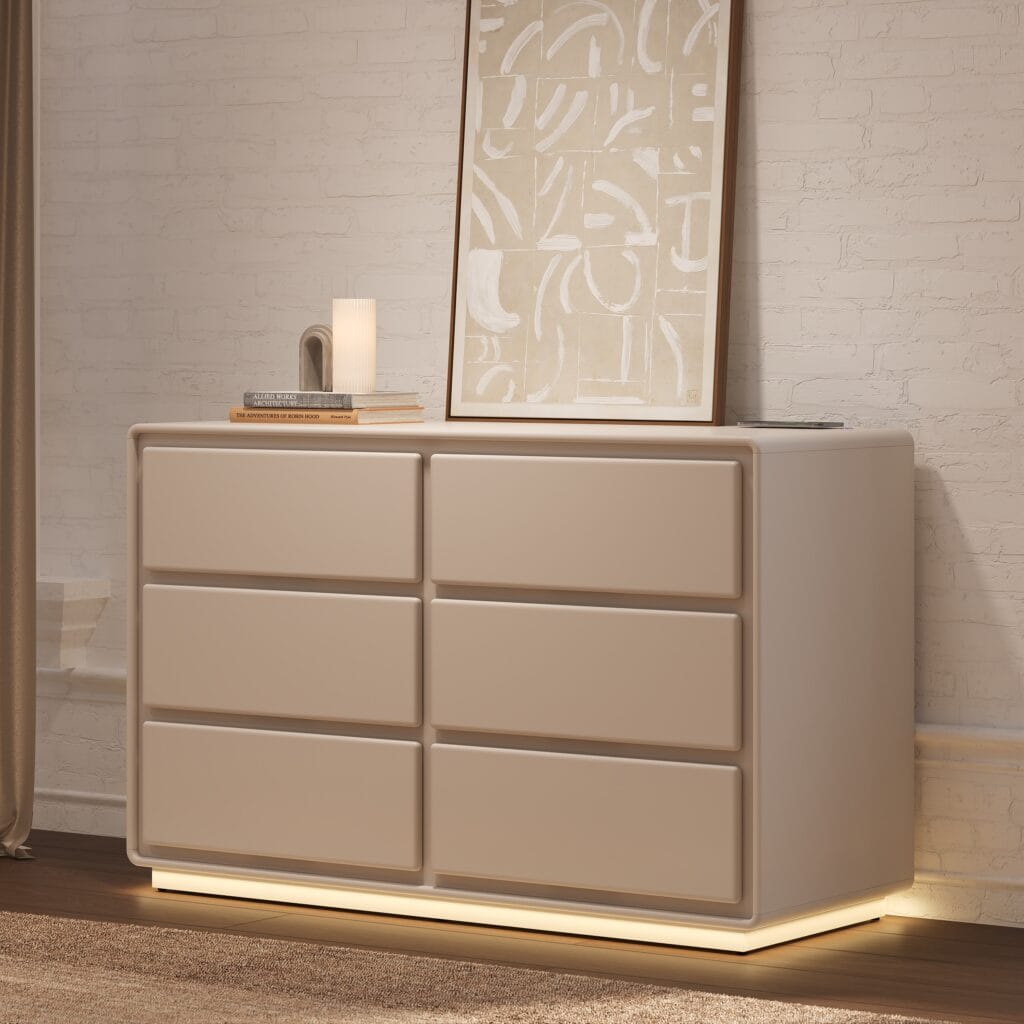 Stylish modern dresser with charging station featuring dimmable LED strip and six drawers.
