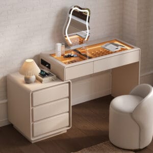 Retractable makeup vanity set featuring an LED mirror, jewelry storage, and dimmable lighting.
