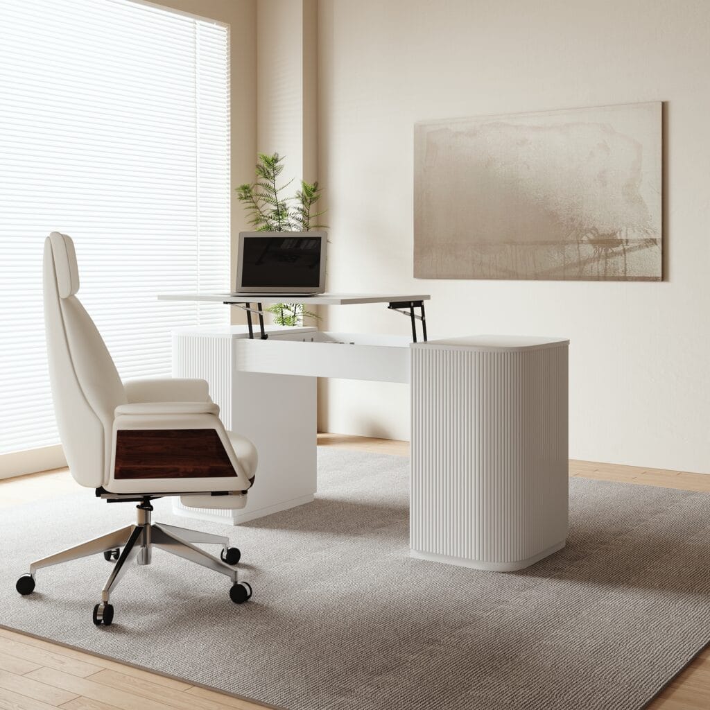 The Sicotas Collection 64 Modern lift-top height adjustable standing desk with organized storage for a flexible workspace.