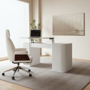 Modern lift-top height adjustable standing desk with organized storage for a flexible workspace.