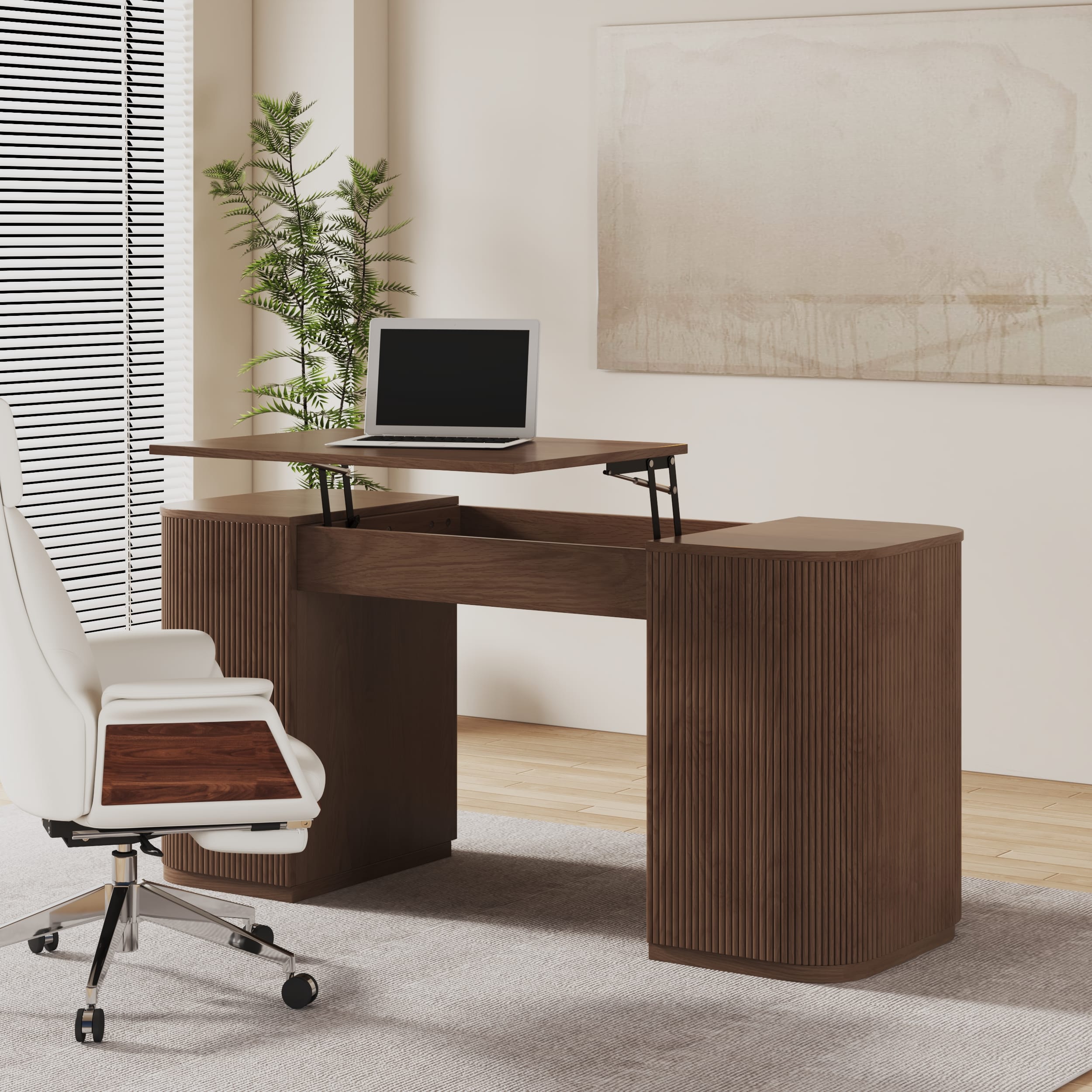 Height Adjustable Standing Desk with Superior Storage 1 Versatile height adjustable standing desk featuring a lift-top design and stylish fluted ash wood panels.