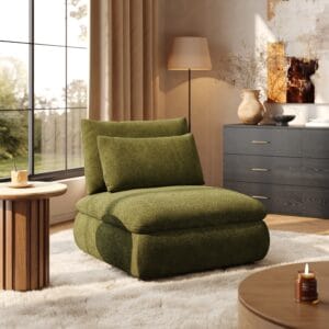 Plush modern slipper accent chair with integrated storage and removable backrest, ideal for comfort.