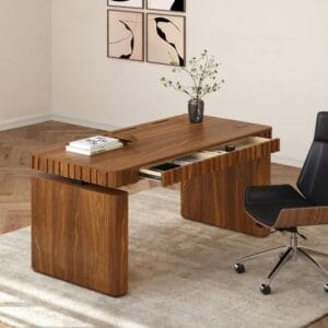 Modern adjustable standing desk with dual motors, height adjustment, and cable management.