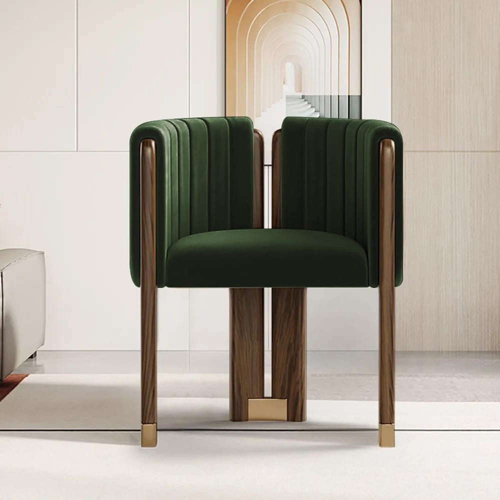 The Sicotas Collection 20 Soft camel velvet fluted upholstery accent chair set with walnut wood frame and gold accents.