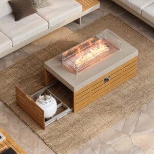 Stylish outdoor propane fire pit table providing smokeless warmth for patio gatherings.