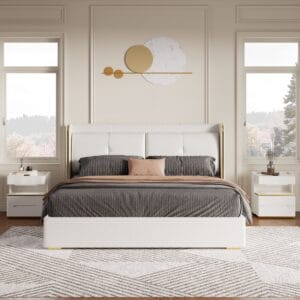 Smart nightstand beside a white wingback king bed set featuring wireless charger and Bluetooth speakers.