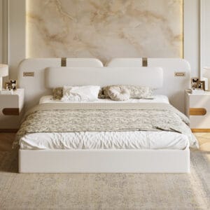 A stylish faux leather platform bed featuring integrated LED lighting and a wide headboard.