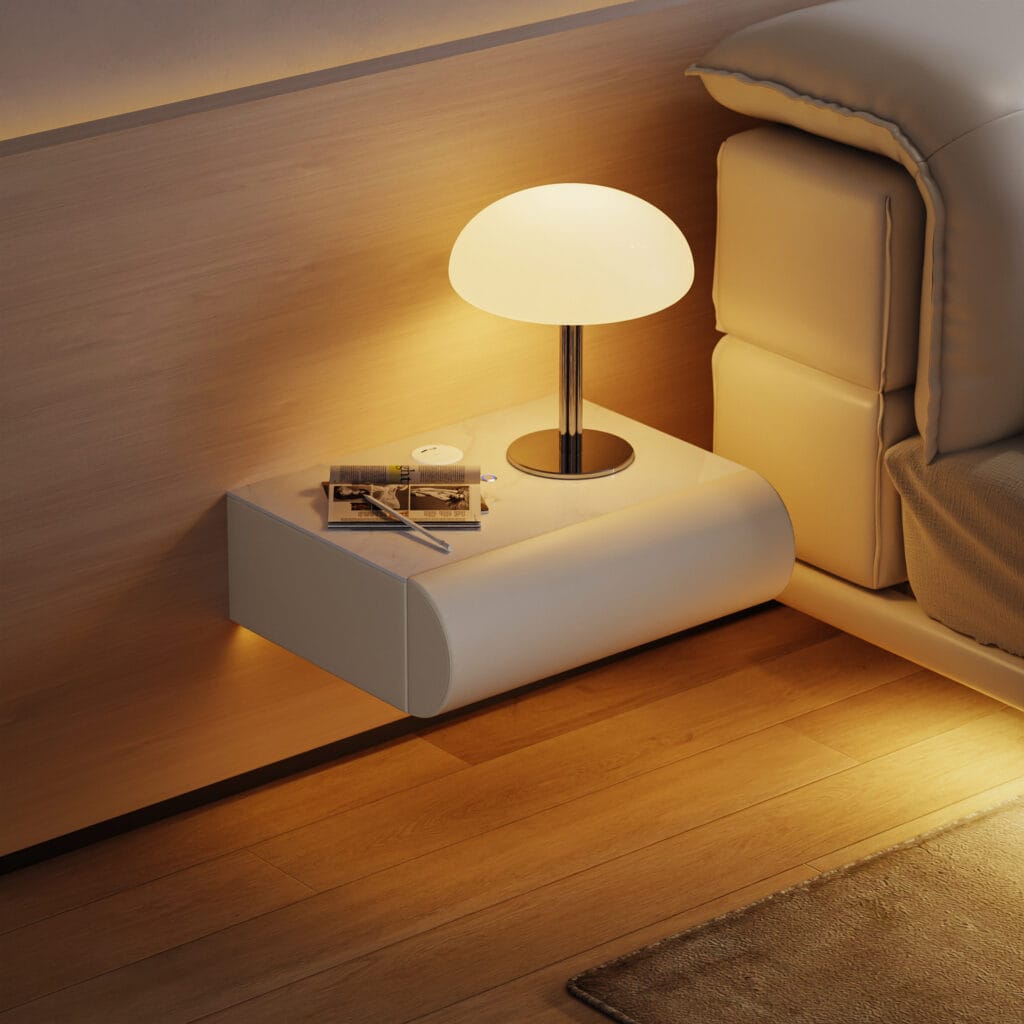 Bedroom Furniture 9 Sculptural floating leather nightstand with warm lighting and integrated charging features.