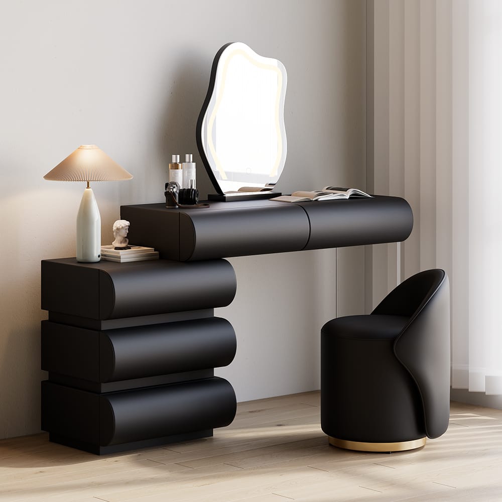 Stylish Humply makeup vanity set with mirror featuring faux leather and multiple-drawer storage.