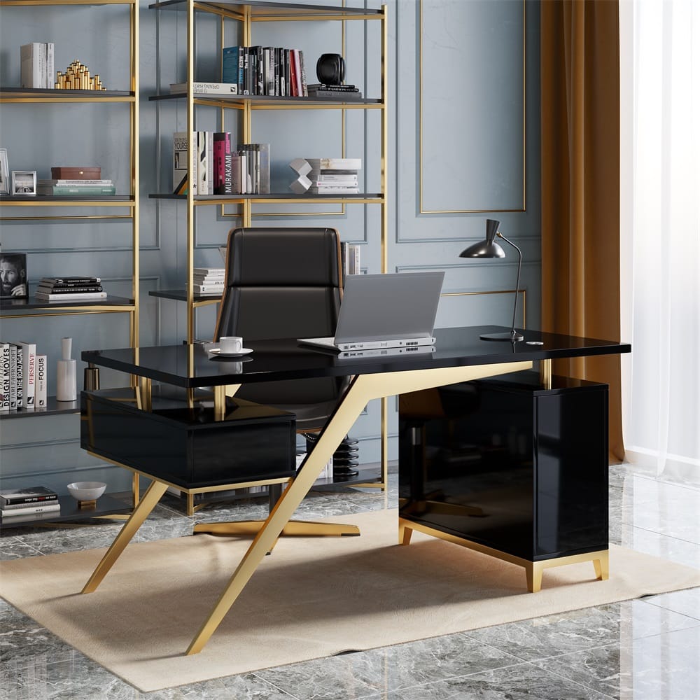 The Sicotas Collection 61 Functional writing desk showcasing a modern black gold executive desk design for efficient office use.