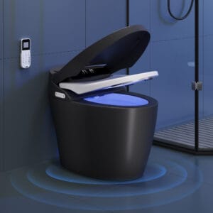 Long floor-mounted smart bidet toilet featuring a heated seat and self-cleaning functionality.