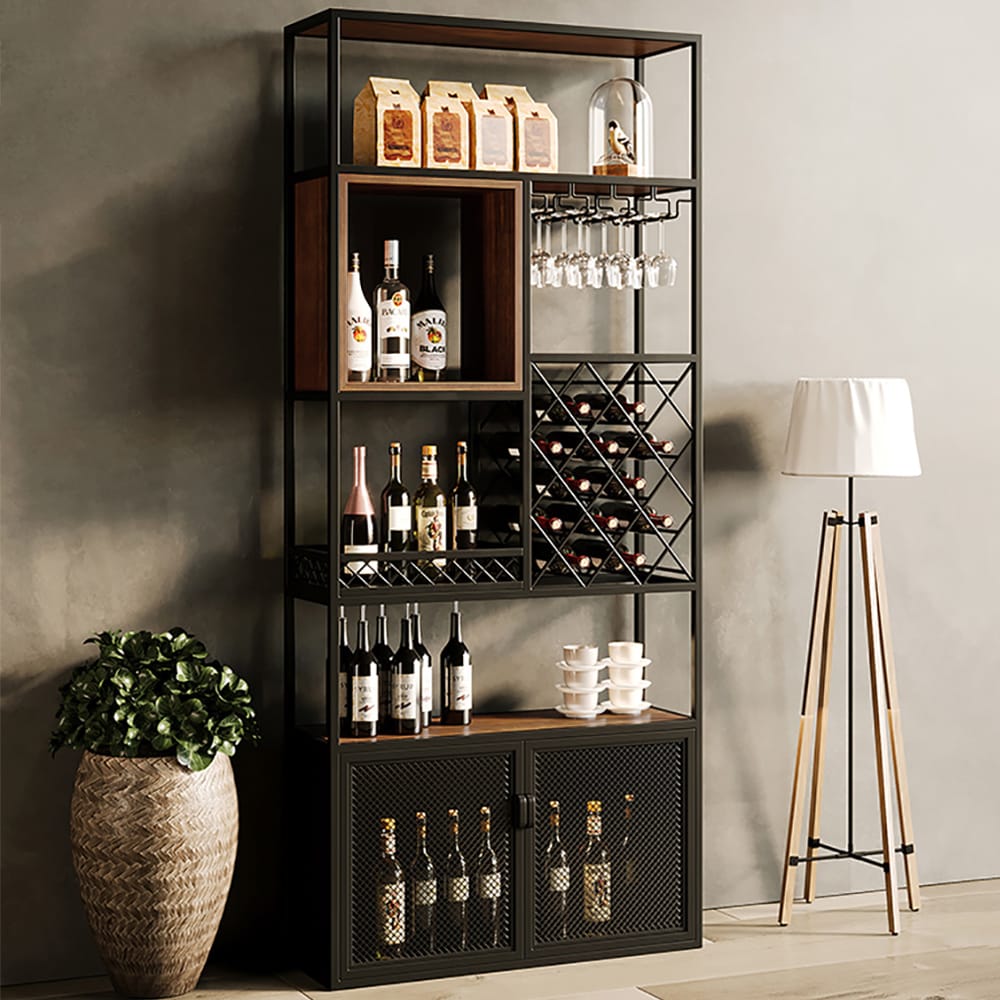 Stylish industrial black bar cabinet featuring a metal frame and natural wood bar top.
