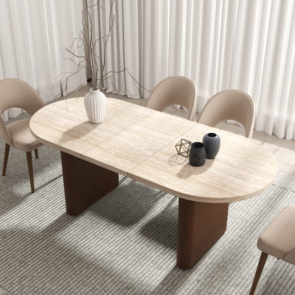 Stylish Japandi extendable dining table with matte travertine finish, seats 4 to 6 guests.