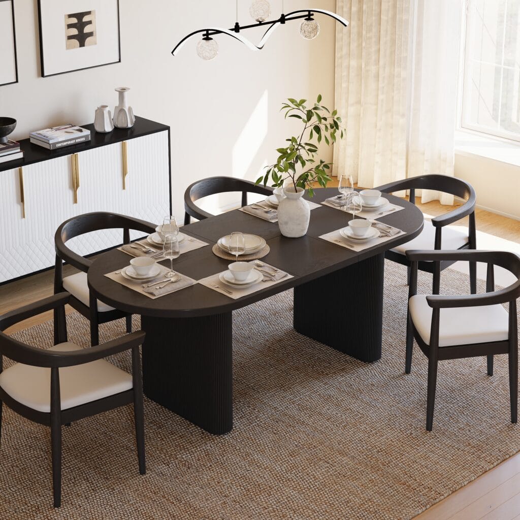 Stylish Fluve oval extendable dining table with Japandi-inspired design for flexible seating.