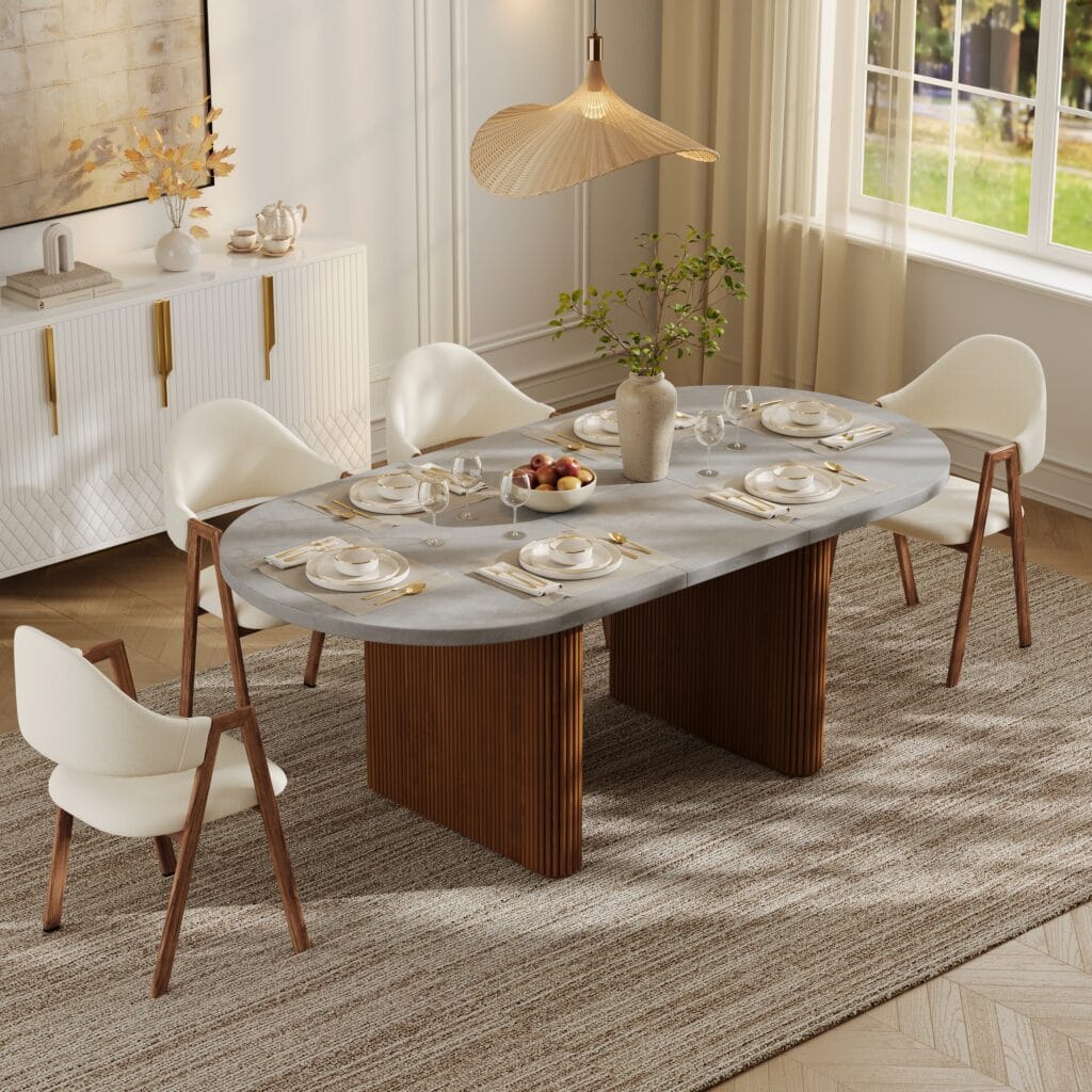 Stylish Japandi extendable dining table designed for family gatherings and everyday meals.