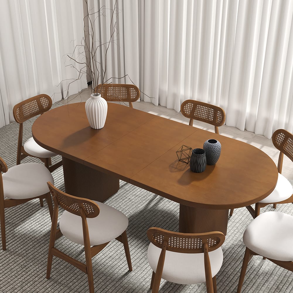 Stylish Japandi extendable dining table designed for flexible seating and durable use.