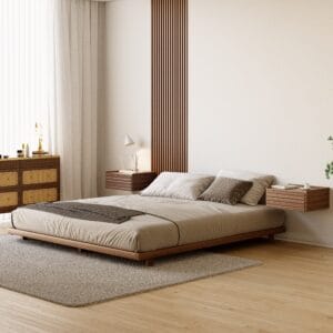 Low-profile Japanese style queen bed frame designed for minimalist and practical bedroom aesthetics.