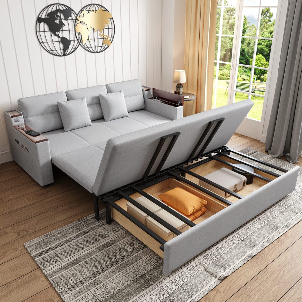 Modern 3-seater sleeper sofa doubling as a King Size Daybed with Trundle for small spaces.