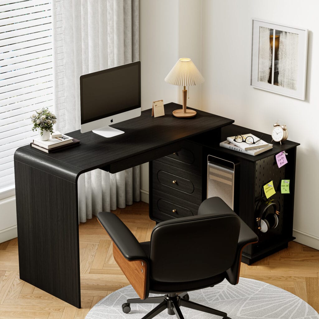 Versatile Krila L-shaped rotating desk featuring a pivoting side unit and built-in storage.